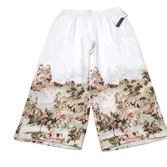 Tahari Linen Pants Womens XL Cream Multi High Rise Wide Leg Pull On Crop NEW NWT - Picture 1 of 14